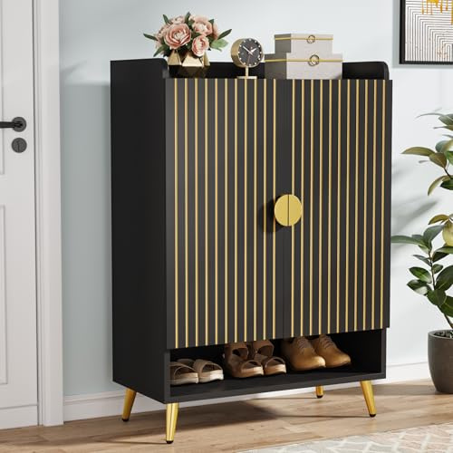 Tribesigns Schuhschrank mit Türen, 7-stufiger Schuhschrank mit verstellbaren Einlegeböden, Schuhregal aus Holz, Schuhaufbewahrungssystem für Eingangsbereich, Flur, Kleiderschrank, Wohnzimmer, schwarz