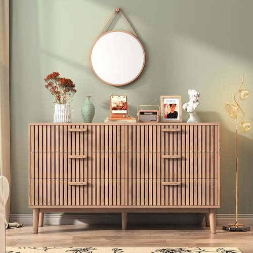 Cassettiera con 6 cassetti, credenza contemporanea in legno, ampia antiribaltamento, per camera da letto, soggiorno, corridoio (colore legno)