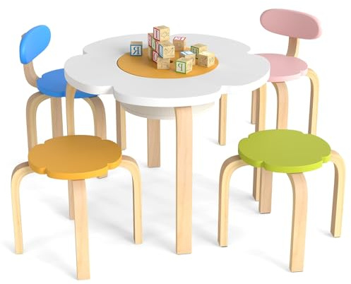 LIFEZEAL Mesa Infantil con 4 Sillas, Juego de Asientos Infantiles de Madera con Espacio de Almacenamiento, Mesa de Pintura en Forma de Flor y Mesa de Manualidades para Niños de 3 a 8 Años