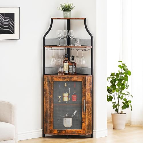 OPULENTHOME Vinskåp, hörnskåp med arbetsbord, vinskåp i trä med 5 förvaringsfack och 2 glashållare och nätdörr för kök, vardagsrum, matsal (152 x 90 x 32 cm, retrobrun)