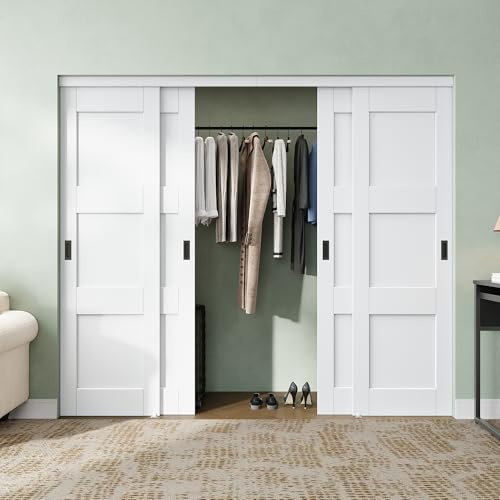 Sliding Closet Door 96 x 80, 3-Panel Closet Doors with Hardware Kit & Floor Guide, Solid Core MDF Panels for Bedroom with Paintable Surface, Assemble Required - Primed