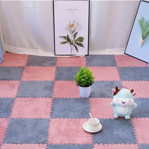 HynJGih Alfombra Cuadrada entrelazada de Espuma de Felpa, losetas de Alfombra Antideslizantes, fácil de Limpiar, Alfombra de retales de Felpa, 10 Piezas(Light Gray+Watermelon Red)