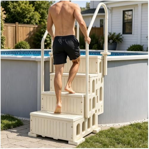 Échelle de piscine 4 marches hors sol, capacité de charge de 180 kg, conception antidérapante, comprend des supports de fixation sur terrasse pour utilisation en piscine enterrée