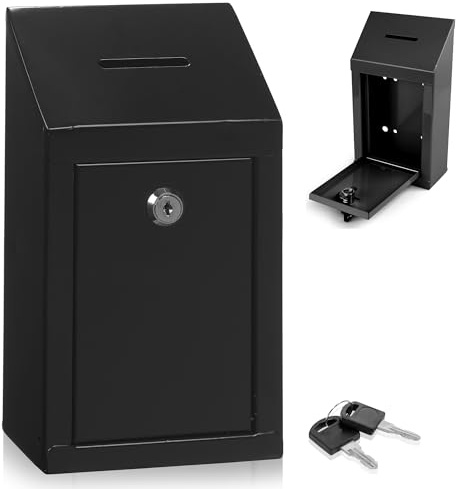 Metal Donation Box-Suggestion Box with Slot and lock-Cash Lock box for Money-Secure Drop Box-Comment and ballot voting box-comes with pre-drilled holes for easy wall mounting 10 X 6 X 2.5(Black)
