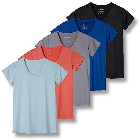 Real Essentials - Paquete de 5 camisetas deportivas de manga corta con cuello en V para mujer, camiseta de yoga que absorbe la humedad (disponible en tallas grandes), Juego 10, Large