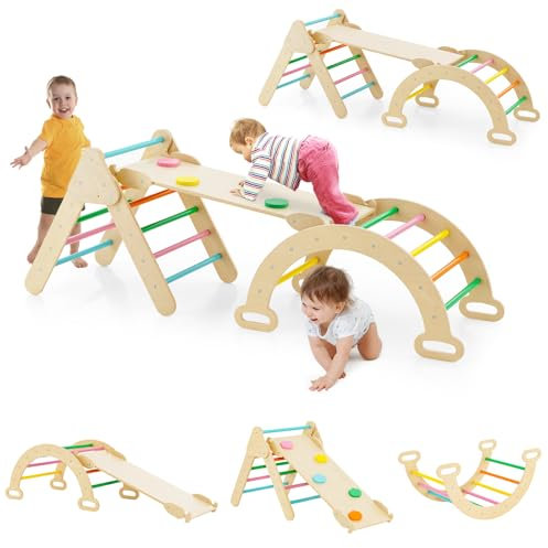 GOPLUS 7 en 1 Triángulo de Escalada para Niños de 1 Año, Montessori Escalador con Tobogán Rampa Arco, Juguetes de Escalada de Madera, Slide Aprendizaje para Guardería Casa, Carga 50 kg (Multicolor)