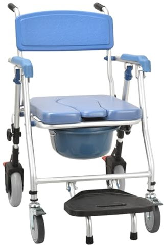 Toilettenstuhl für Senioren mit Rollen, Duschstuhl mit Rollen Klappbar, Dusch WC mit Armlehnen und Klappbarer Fußstütze für Senioren, Behinderte, Schwangere Frau