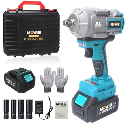 Mowis Avvitatore a Impulsi 1000Nm 1/2 Brushless Avvitatore, 4.0Ah Batteria, 4 Bussola, 2400rpm per Auto e Casa