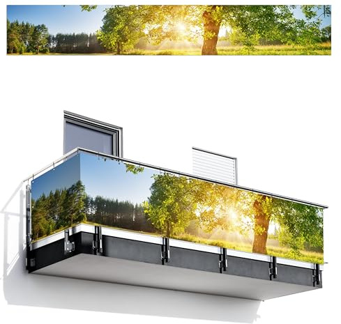 MuchoWow© Balkon Sichtschutz Einseitig 75x500 cm Groß PVC Seitenwand Terrassen für den Garten ohne Bohren Wetterfest Seitlich Zaun Terrasse Balkon Dekoration Baum - Sonnenuntergang - Landschaft