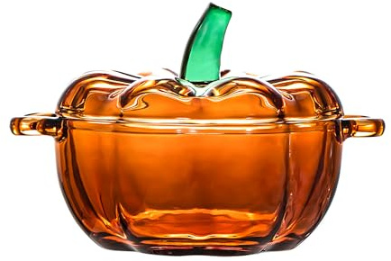 binsakao Glass Bowl with Lid, 16.7 oz Microwave & Dishwasher Safe Soup Bowl with Handle, Pumpkin Decor Storage Jar for Home Thanksgiving Halloween Party, Pumpkin Dish