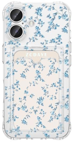 ZCDAYE Clear Floral Case for iPhone 16 with Card Holder, Cute Flowers Woman Girls Phone Case Soft TPU Slim Fit Protective Phone Cover Cases for iPhone 16 (6.1 inches, Elegant Blue