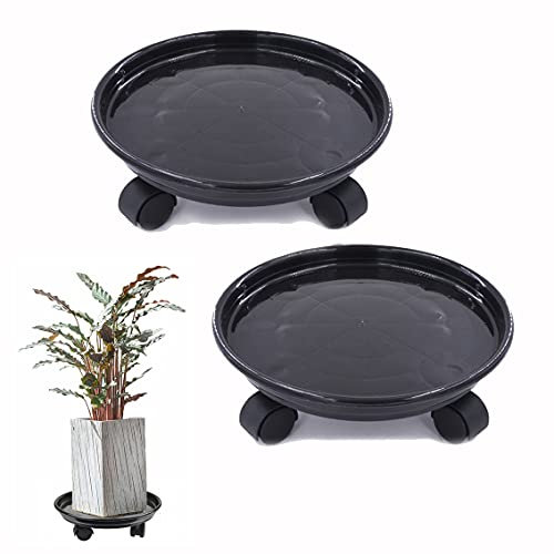 Black Plant Caddy, 2 Pcs 30cm Plant Stand with 4 Universal Wheels, Movable Plant Pot, Heavy Duty Potted Saucer Round Flower Pot Stand, Loading Capacity 40kg