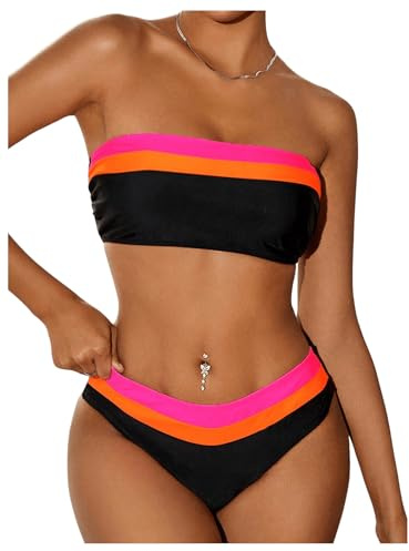 GORGLITTER Women's 2 Piece Strapless Bandeau Bikini Set Swimsuit | Color Block, Hipster Bottom, Strapless Bandeau Bikini Top, Bikini Sets for Swim, Beach