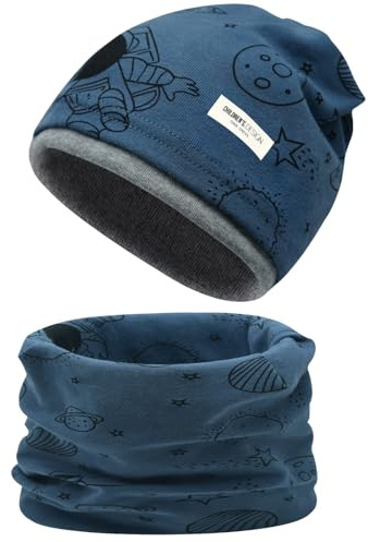 Cappello e Sciarpa per Bambini Invernale,Motivi Diversi Reversibile Sciarpa Berretto in Maglia Morbido Elasticizzato a Doppio Scaldacollo per Autunno Inverno 3-8 Anni (Astronauti-Navy)