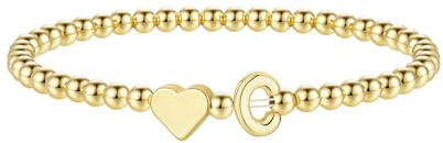 TINGN Pulseras de oro para mujeres y niñas, chapado en oro de 14 quilates, pulsera de corazón con inicial A-Z, pulseras elásticas de cuentas personalizadas con monograma, regalos de cumpleaños