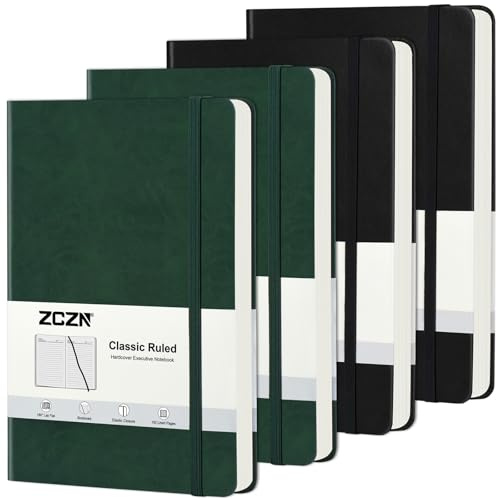ZCZN A5 Hardcover Journal Notebook with Lined Pages, 2 Black & 2 Dark Green | 192 Pages Each, 4 Pack Leather Hardback Notebooks for Office, Study, Travel Notes and Daily Writing