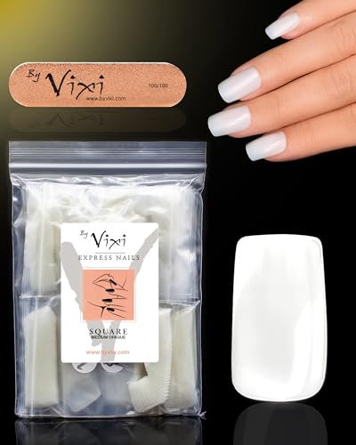 By Vixi 600 SET DE UÑAS MEDIANO CUADRADO con LIMA DE PREPARACIÓN, 10 tamaños - de uñas postizas exprés de cobertura total Opaco para profesionales de salón y uso doméstico