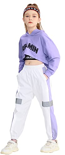 LOLANTA 3Pcs Girls Hip Hop Dance Costume Niños Street Dance Clothes Set Sudadera Corta con Capucha, Camiseta sin Mangas, Pantalones Reflectantes