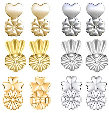 Lève-boucles d'oreilles réglables hypoallergéniques - Plaqué or 18 carats - Argent sterling - En forme de cœur - Style couronne et trèfle