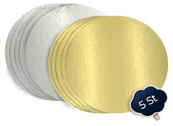 KitchENDREAM Kakbrädeset, tårtunderlägg, guld och silver, 3 mm tjockt kartong, för servering, transport och stapling av tårtor och kakor, livsmedelsgodkänd beläggning, 5 stycken x 20 cm