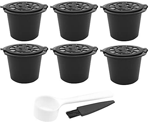CENPEK Cápsulas recargables compatibles con NES-Presso, paquete de 6 cápsulas de café reutilizables para NES-Presso con cuchara de café con cepillo para máquinas NES-Presso, filtro negro