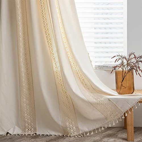 SAYT RLAE Makramee Vorhang Beige Vintage Boho Style Vorhänge Baumwolle Leinen mit Quasten und Häkeln Stricken Vertikale Streifen für Wohnzimmer Kinderzimmer Schlafzimmer, 1 Stück, B150xH220cm