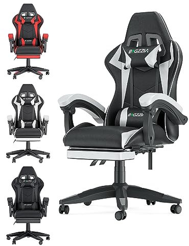 bigzzia Chaise Gaming,Ergonomique PU Cuir Chaise Bureau,Hauteur Réglable,avec Lombaire&Appui-Tête Appui,Dossier Inclinable à 155°,Fauteuil Gaming Adultes Enfants (Blanc, avec Repose-Pieds)