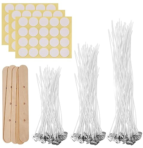 Candle Wicks for Making Candles, 150 Pcs 10cm/15cm/20cm Cotton Pre Waxed Candle Wicks with 5 Pcs Candle Wick Holders & 3 Sheets Dot Stickers, for Candle Making, DIY Candle Crafts