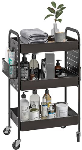 HOMCOM Servierwagen mit 3 Ebenen Küchenwagen mit Rollen Griff Rollwagen mit Haken, 2 Hängekörbe Küchenregal Küchenrollwagen für Küche Büro Badezimmer, Schwarz