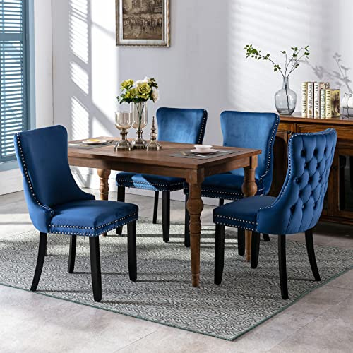 HomeTouch Lux Velvet Upholstered Kitchen Dining Chairs Set of 4 Tufted High Back Bedroom Office Chairs with Oak Wood Legs, Hand Made (4, Blue)