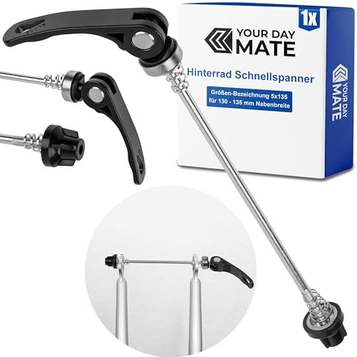 Cierre rápido de rueda trasera, 1 pz, en Negro, tamaño 5x135, para 130 - 135 mm de ancho de buje, eje pasante para todos los acoplamientos de eje de bicicleta habituales, remolques de bicicleta