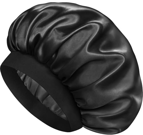Doitory Satin Silk Bonnet for Sleeping, Double Layer Silk Sleep Cap for Men & Women, Soft Satin Lined Bonnet for Natural & Curly Hair(Black)