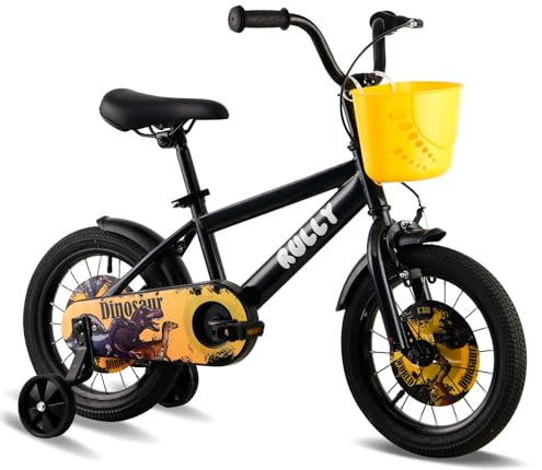 RULLY Dinosaur 14 Zoll Jungenfahrrad für Kinder von 3-5 Jahren, schwarz-gelb, mit abnehmbaren Stützrädern, Rücktrittbremse und Handbremse, Korb