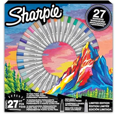 Sharpie Permanent Markers Pen Gift Set | Fine Point & Ultra Fine Point Colouring Pens | Assorted Colours | Includes 2 Colouring Pages | 27 Marker Pens