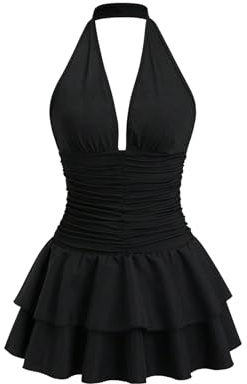 GORGLITTER Women's Ruffle Mini Halter Neck Dress A Line Flared Sexy Dresses | Sexy Y2K Gothic Style, Tiered, V Neck, Ruched, Swing Skater Mini Dress for Holiday, Birthday, Going Out