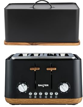 Salter Toronto Toaster & Bread Bin Set – 4-Slice Toaster with 6 Browning Levels & Removable Crumb Tray, Large Bread Bin with Acacia Wood Chopping Board Base, Matt Black/Wooden Accents