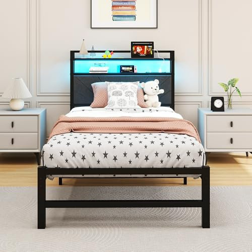 ARFARLY Bett 90x200 mit Lattenrost aus Metall 90x200 cm mit LED Beleuchtung,Bettgestell 90x200cm Bett mit Kopfteil und Ladestation(2 AC-Steckdosen& 1 USB-Anschlüsse)