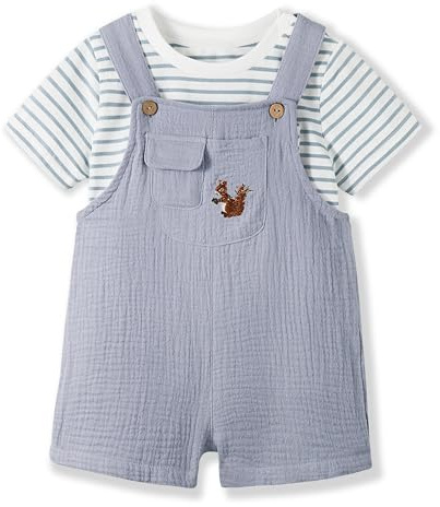 Volunboy Completi Estivi Bambino, Unisex Salopette/Tuta Corta + T-Shirt Completo 2 Pezzi Abbigliamento per 1-4 anni(Taglia 80,12-18 mesi,Blu
