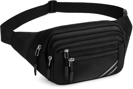 Meng Jiaran Bum Bag for Men Women Black Fanny Pack Running Belt Dog Walking Bags with 4-Zipper Pockets Adjustable Waist Bags for Outdoor Workout Cycling Hiking
