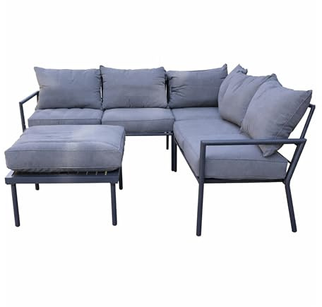 Metal Garden Furniture Set 5 Seater Grey Outdoor Patio Sofa Set - L-Shaped Corner Sofa, Ottoman Table, Thick Cushions Rust-Proof Design for Lounge Conservatory Balcony Seating