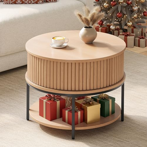 YITAHOME Couchtisch Rund, Couchtisch mit 2-stufigem Stauraum, Couchtische mit Schiebetüren im Tambour-Design für das Wohnzimmer, Couchtische aus Holz, Eiche