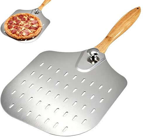 TOATELU Pala per pizza perforata, grande, 39 x 31 cm, in lega di alluminio, con manico in legno rimovibile, per pizza, pane, torte, design perforato