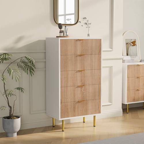 Yeutre Commode 5 Tiroirs 60cm, Commode Chambre Meuble de Rangement Moderne, Armoire à tiroirs avec Pieds Métal pour Salon, Chambre, Salle à Manger (Blanc et Bois-5 Tiroirs, 60l x 34P x 109,8H cm)