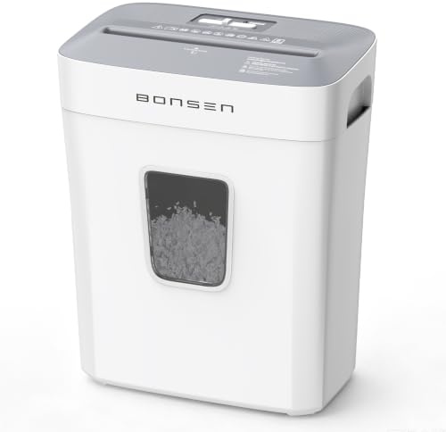 BONSEN Destructeur de Documents Micro Coupe 6 Feuilles, S5201-W | Broyeur de Papier et Cartes de Crédit P-4 Haute Sécurité, Réservoir 16L avec Fenêtre, pour Maison et Bureau