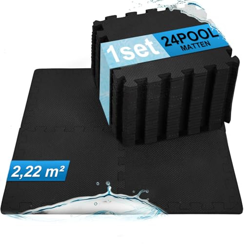 BEAUTYOVO 24 stycken poolunderlag utomhus, 10 mm tjock golvskyddsmatta för pool/plaskbassäng/bubbelpool, vattentät Eva golvskyddsfilm, svart (2,2 m²)