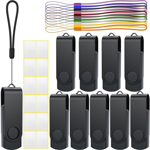 Uflatek USB Stick 1GB USB 2.0 Memory Stick Thumb Flash Drive 10 Pack Rotate USB Memory Sticks Black Metal Pen Drive USB Flash Drive with Tag and Lanyard for Computer Laptop