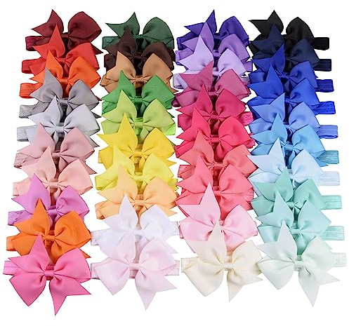jollybows 40pcs Baby Girls Hair Bows Headbands Grosgrain Ribbon Hair Band Accessories for Infants Newborn Toddler (4In)