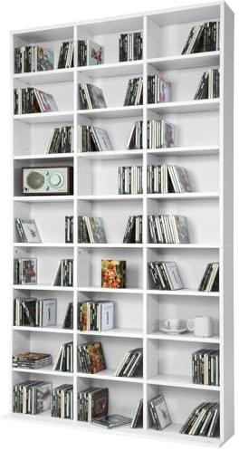 tectake® CD Hylla och ställ & förvaring för upp till 1080 CD-skivor, smal vägghylla med 27 hyllplan, stabil med mdf skivor, enkel skött och lättmonterad - Vit