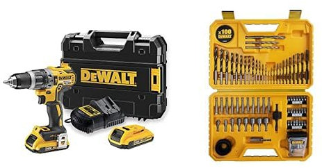 DEWALT - Perceuse Visseuse à Percussion Brushless XR 18V Li-Ion 2Ah - Perceuse sans Fil avec Coffret TSTAK, Éclairage LED - 420W & Coffret de 100 Pièces de Perçage et Vissage Haute Performance