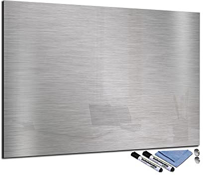 Glas-Magnettafel 70x100 cm Whiteboard Wand Beschreibbar Magnetisch Pinnwand Küche Office Büro mit Zubehör Wochenplaner Abwischbar Deko Memoboard Tafel Edelstahl-Optik Grau